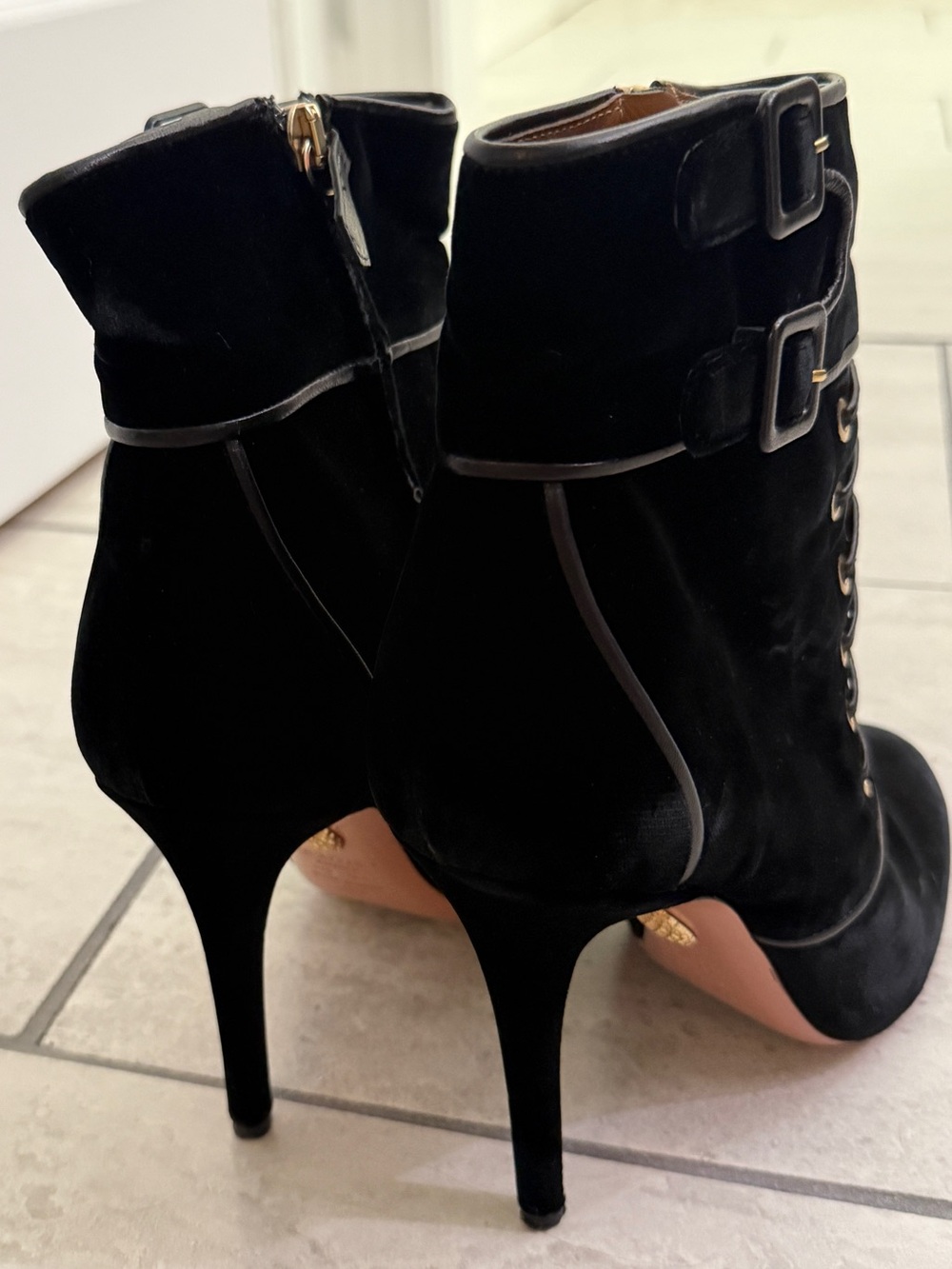 Aquazzura Black Velvet Lace-Up Ankle Boots | size 38.5 or US size 8 - Picture 6 of 16